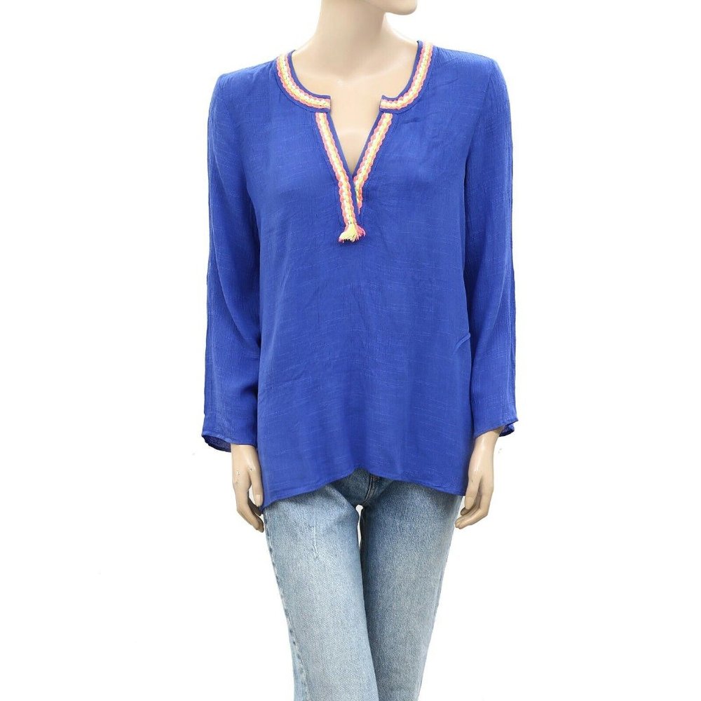 Lilly Pulitzer Embroidered Shirt Top Blue Beach Resort Long Sleeve S New